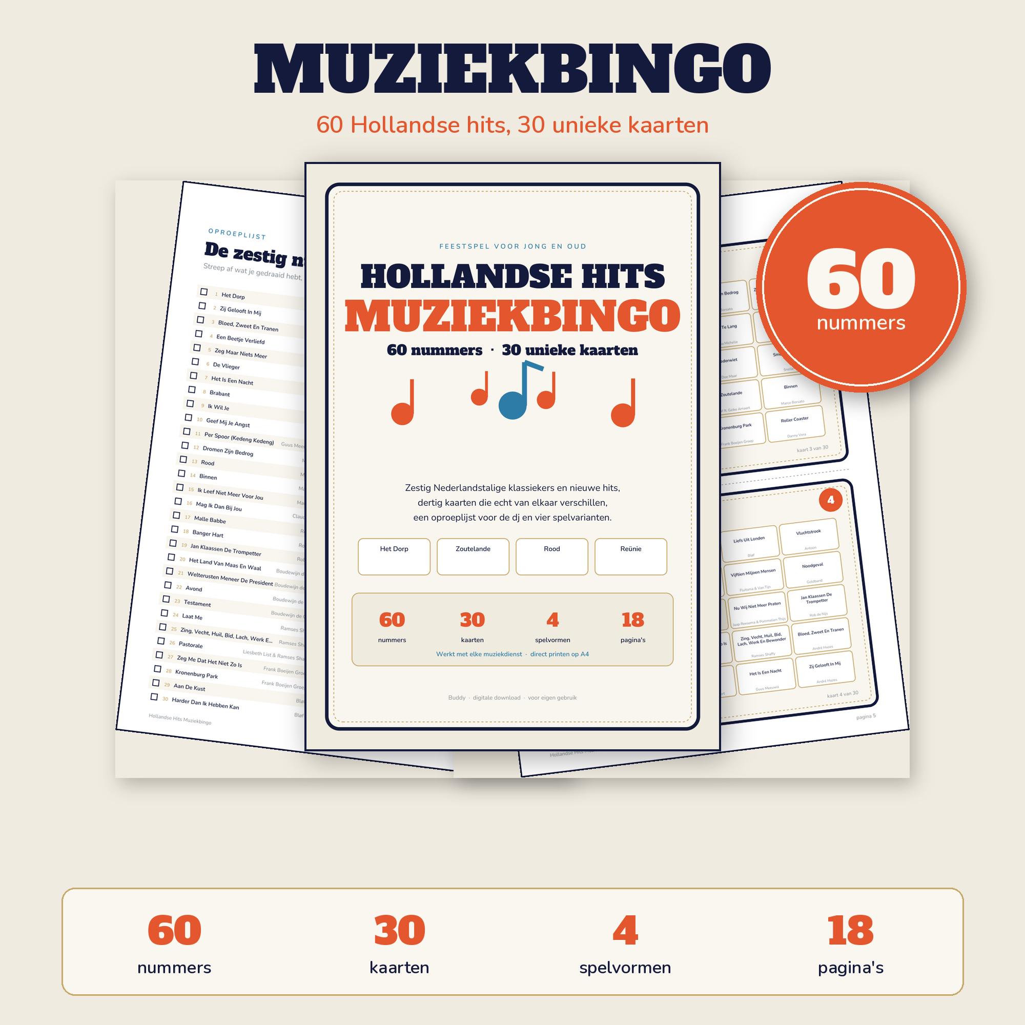 Hollandse Hits Muziekbingo — 30 Kaarten