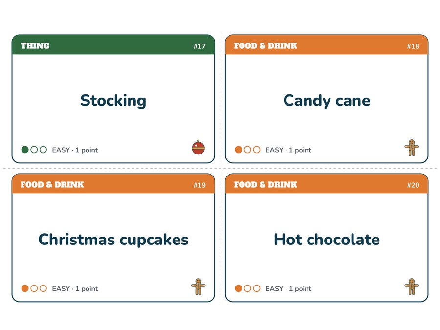Four Christmas charades cards: stocking, candy cane, Christmas cupcakes and hot chocolate