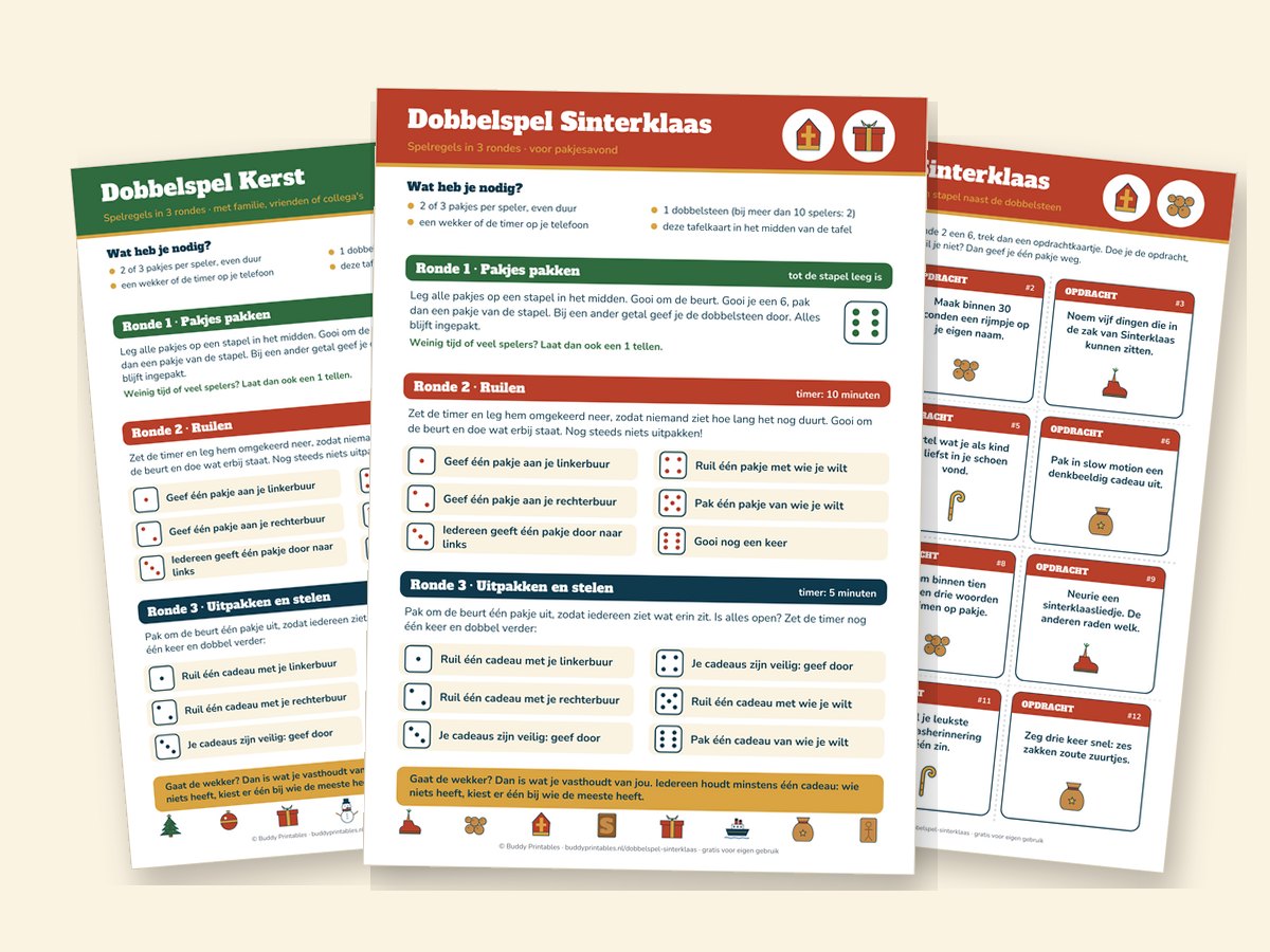 De gratis tafelkaarten voor het dobbelspel: Sinterklaas, kerst en opdrachtkaartjes