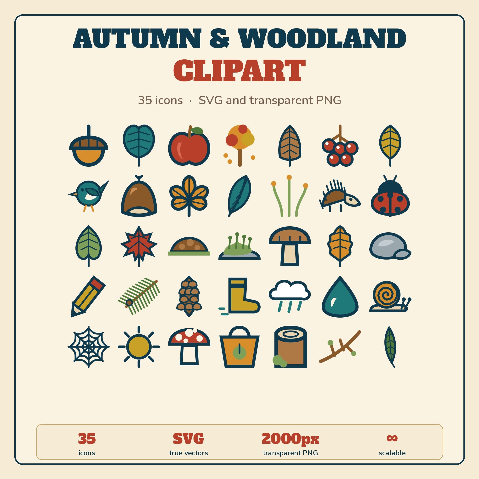 Autumn & Woodland Clipart — 35 Hand Drawn Icons