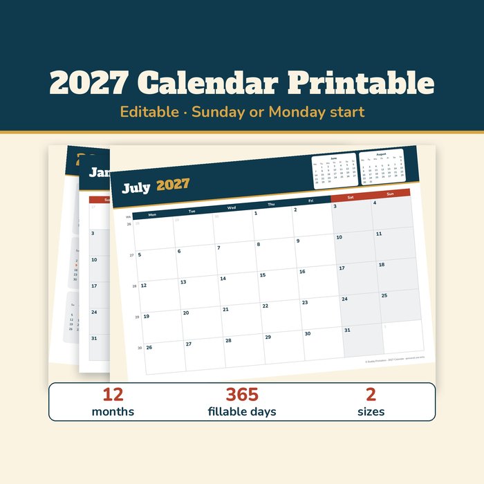 2027 Calendar Printable — Sunday or Monday Start, Fillable
