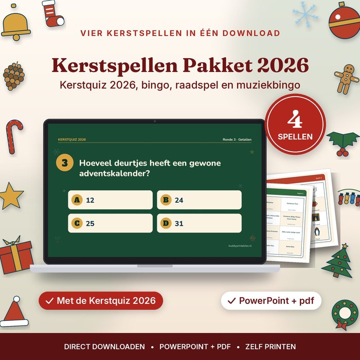 Kerstspellen Pakket 2026 — Kerstquiz 2026, Kerstbingo, Raadspel & Muziekbingo