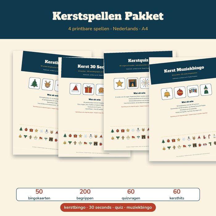 Kerstspellen Pakket — Kerstbingo, 30 Seconds, Kerstquiz & Muziekbingo