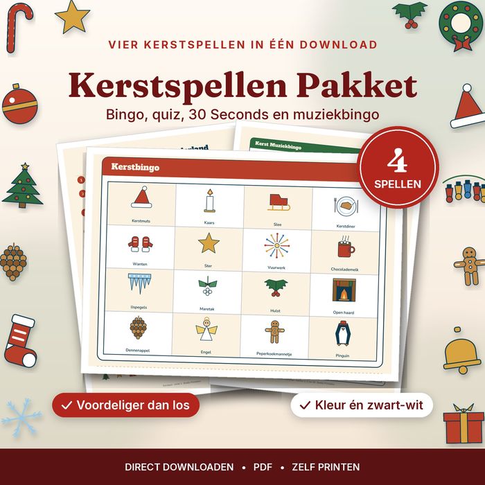 Kerstspellen Pakket — Kerstbingo, 30 Seconds, Kerstquiz & Muziekbingo