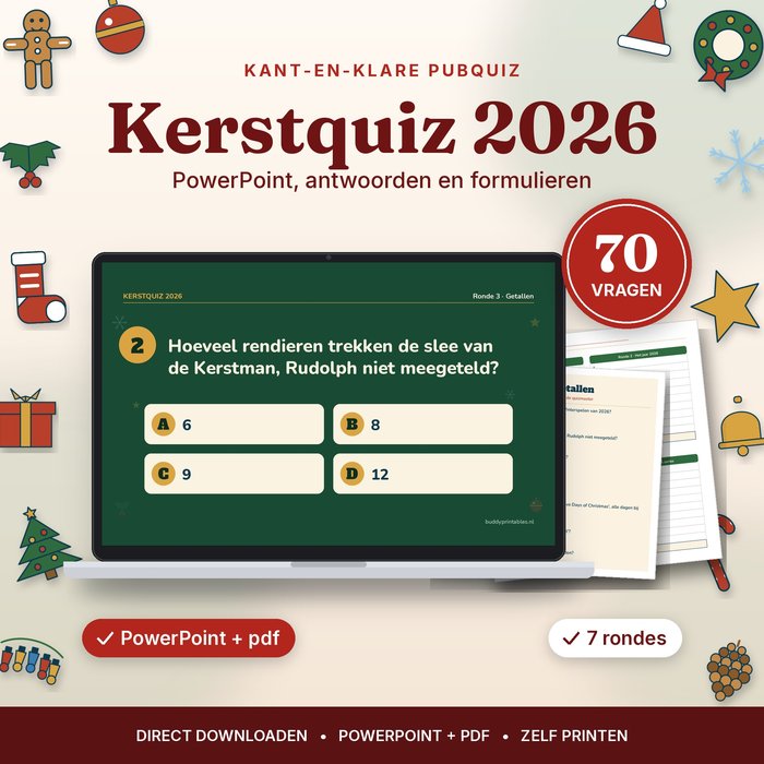 Kerstquiz 2026 — Kant-en-klare Pubquiz met 70 Vragen