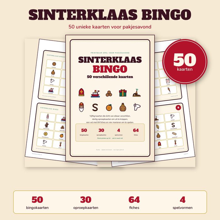 Sinterklaas Bingo — 50 Kaarten voor Pakjesavond