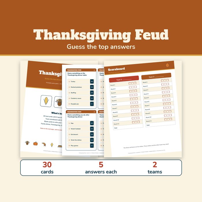 Thanksgiving Feud Game — 30 Cards and Scoreboard