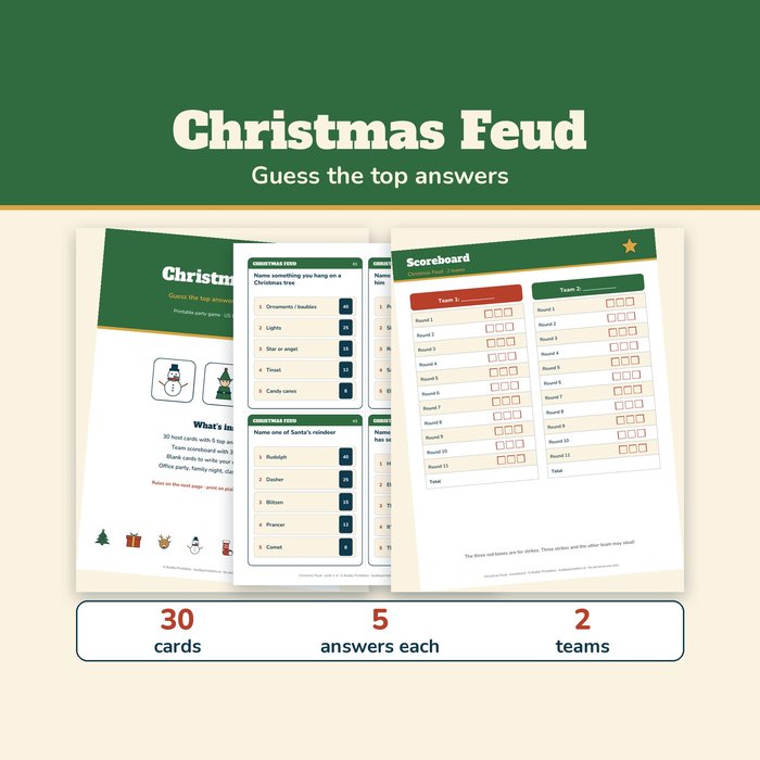 Christmas Feud Game — 30 Cards and Scoreboard