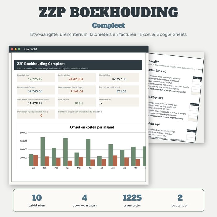 ZZP Boekhouding Excel — Btw-aangifte, Uren & Kilometers